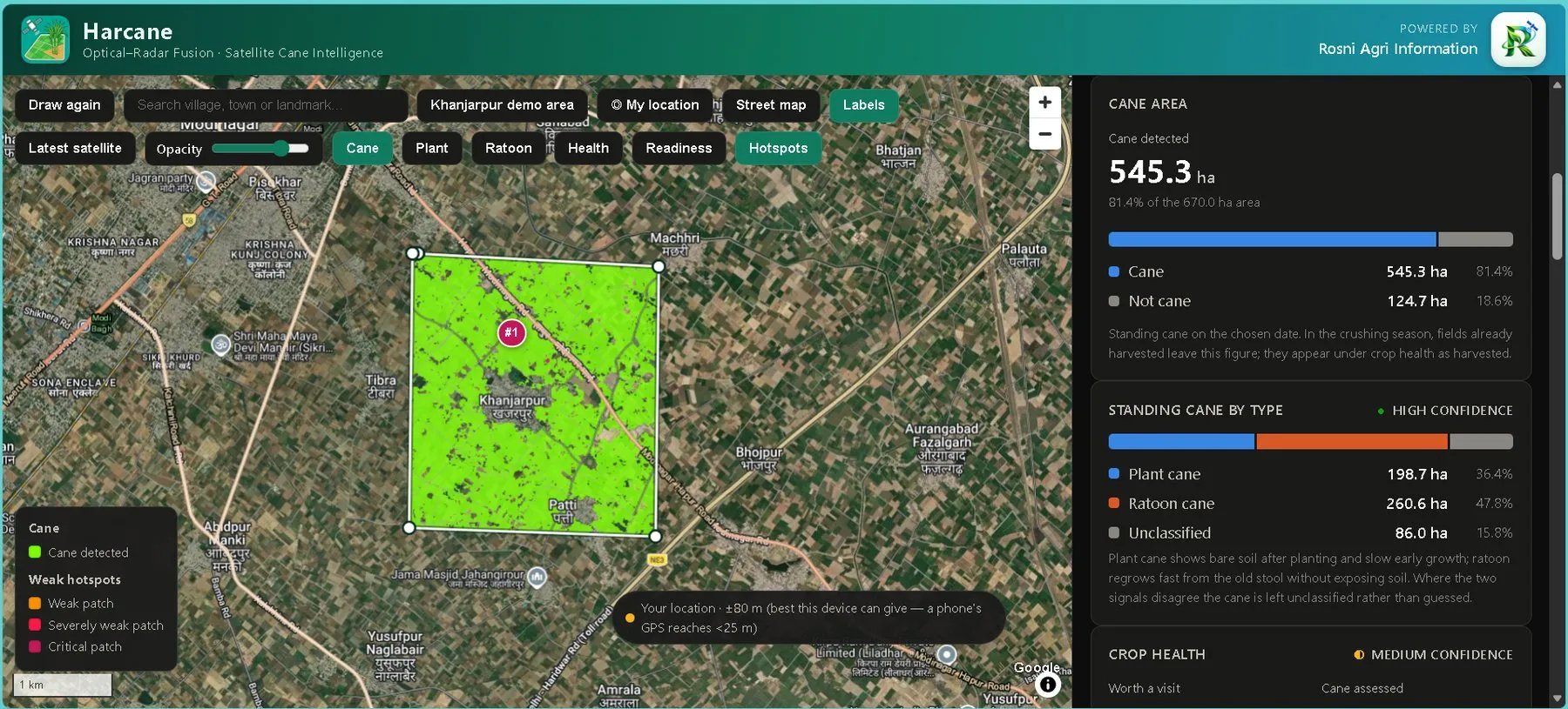 The Harcane interface showing cane area. A drawn boundary near Khanjarpur is filled with bright green where cane is detected, over a Google satellite basemap. The panel reads: cane detected 545.3 ha, 81.4% of the 670.0 ha area; not cane 124.7 ha.