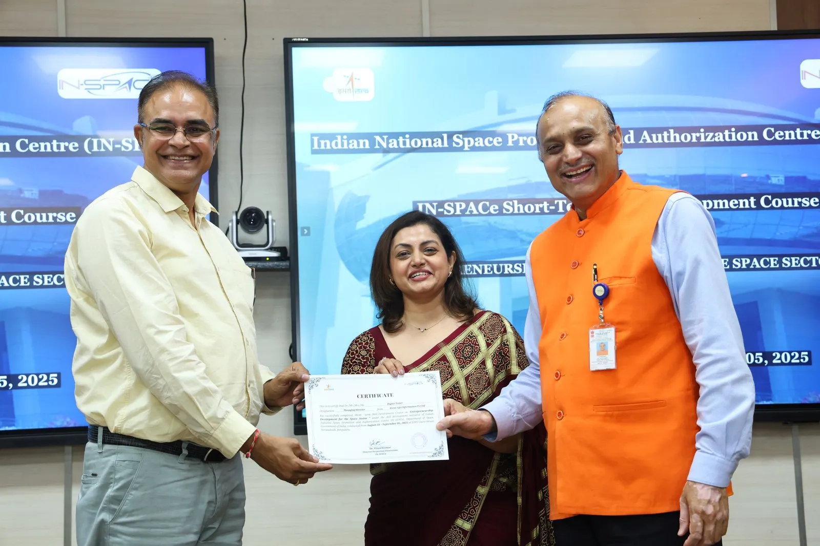 Rajeev Tomer receiving an IN-SPACe certificate at the ISRO Guest House, Bengaluru, for the Short-Term Skill Development Course on Entrepreneurship Development for the Space Sector.