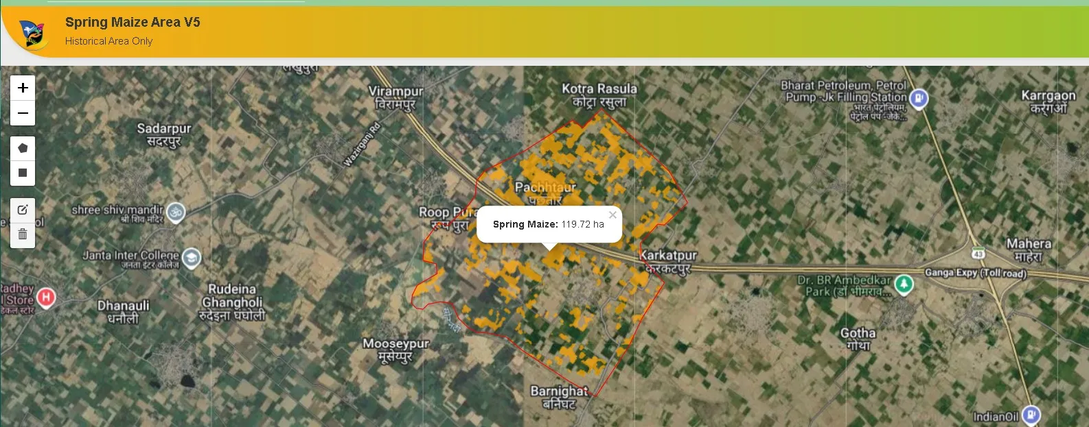 The PowerMaize+ interface over satellite imagery of a cluster of villages in western Uttar Pradesh. One village boundary is outlined in red, the maize inside it is picked out in orange across hundreds of individual parcels, and a readout gives the total as 119.72 hectares.