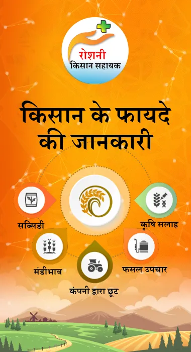 A Hindi poster for रोशनी किसान सहायक headed “किसान के फायदे की जानकारी”, with five services arranged around a wheat emblem: subsidy, agricultural advice, mandi rates, crop treatment and company discounts.