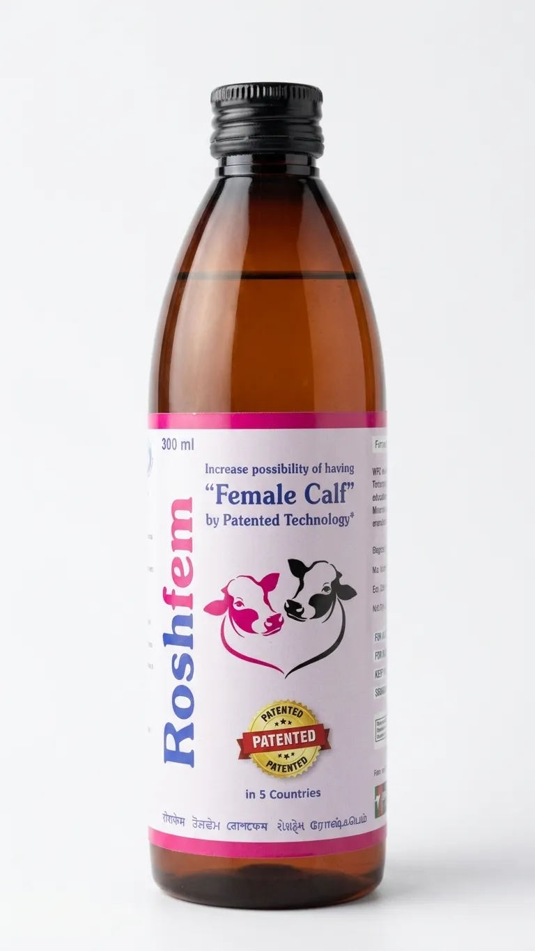 A 300 millilitre amber glass bottle of Roshfem with a pink and white label reading “Increase possibility of having Female Calf by Patented Technology”, marked patented in five countries.
