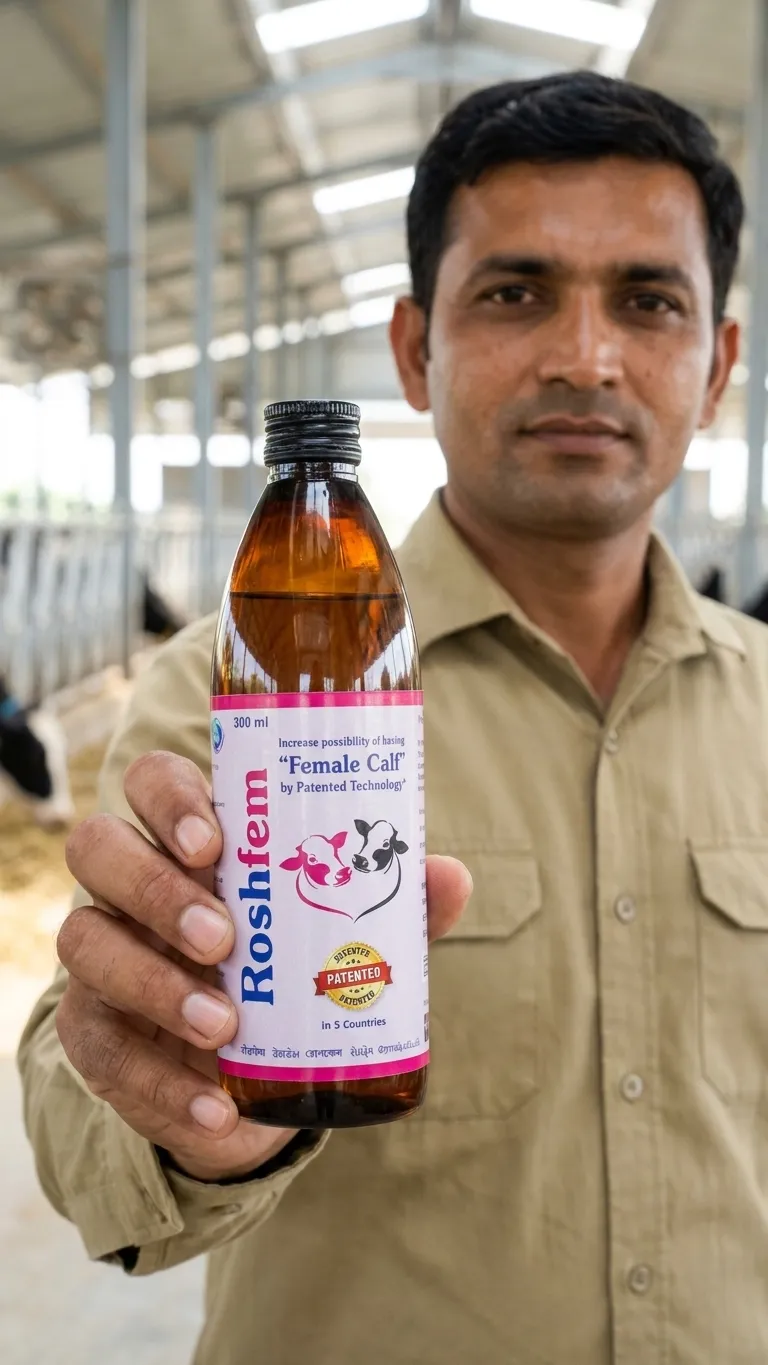 A dairy farmer standing in a cattle shed, holding up a bottle of Roshfem, with animals in stalls behind him.